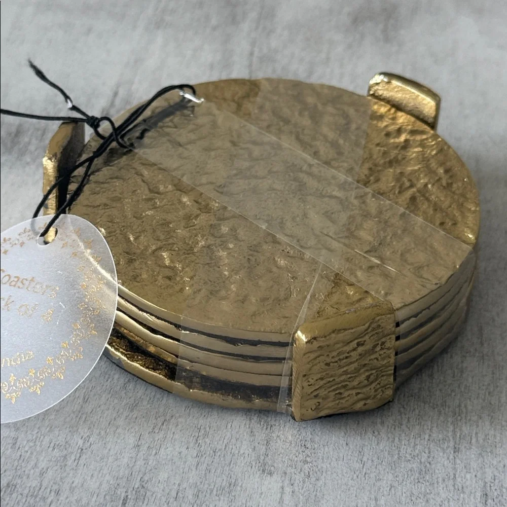 Gold Textured Hammered Metal Round Coaster Set of 4 on Standard India D 3.75